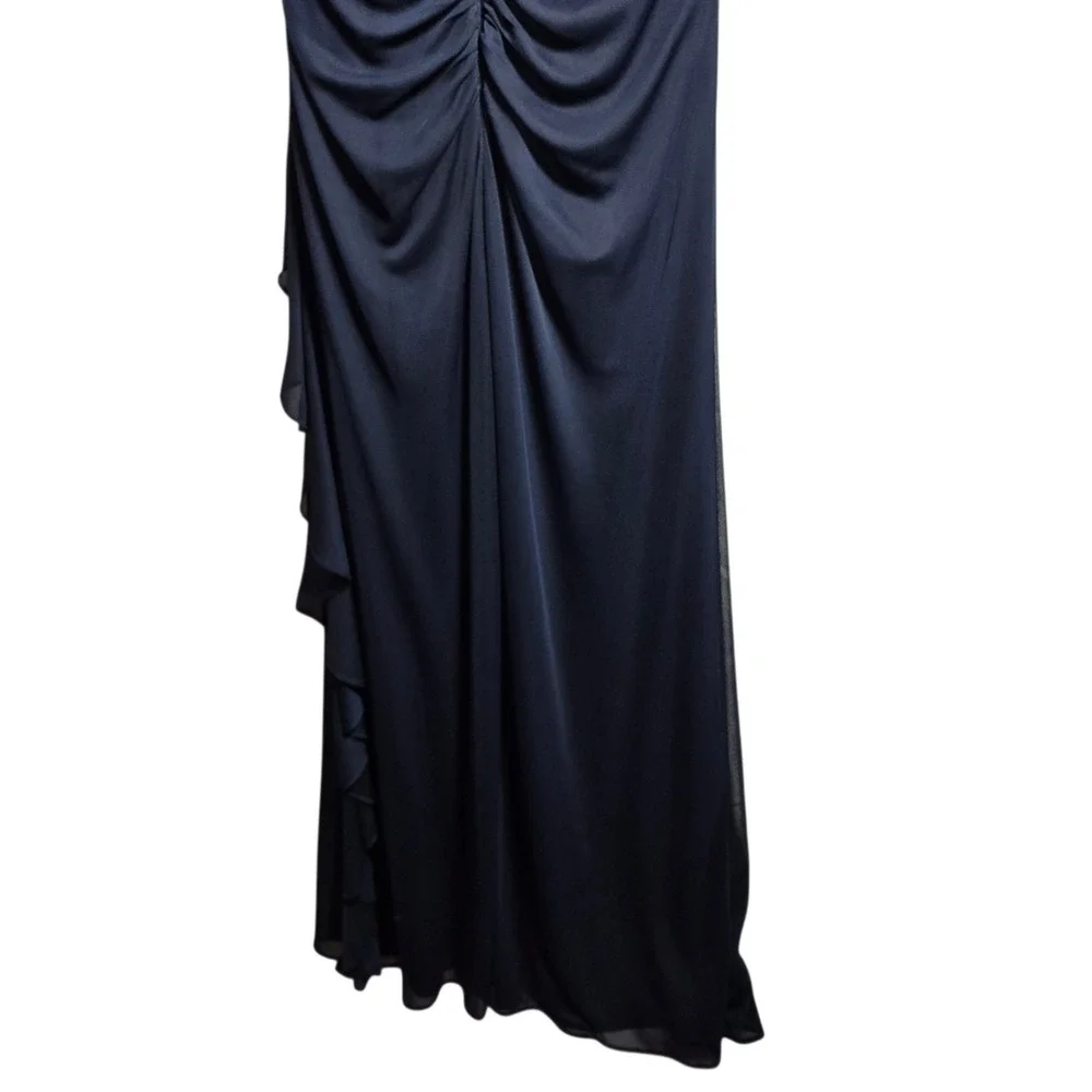 Navy Blue Formal Betsy & Adam Dress Size 6 Lace Sequin‎ Cutout Ruched Gown